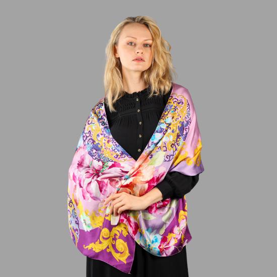 Pink and Lavender Horse and Flower Print Scarf | Large Women's Satin Silk  Scarves 