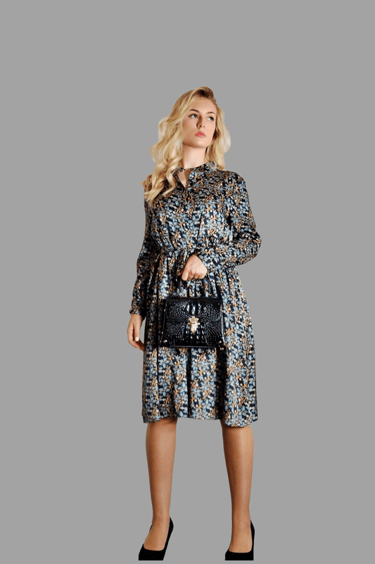 Vshine Silk and Shine Mulberry Silk Dress Ditsy Floral Print Black with moc croc handbag