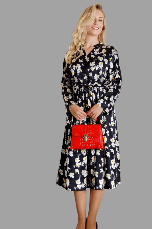 Mulberry Silk Dress in Black with Yellow Blossom