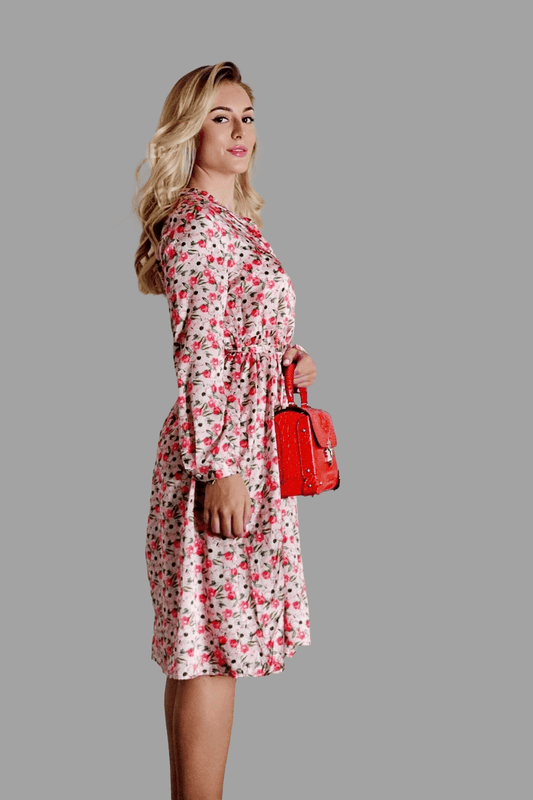 Vshine Silk and Shine Mulberry Silk Dress with floral print in Soft Pink