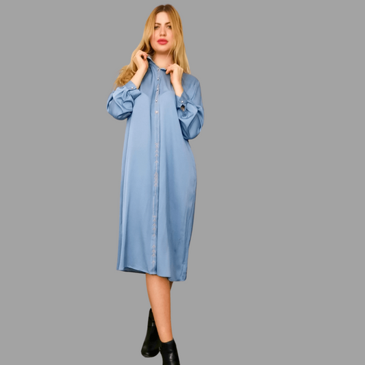 Mulberry Silk Dress with long Sleeves in Pale Grey Blue with Embroidery Design one size
