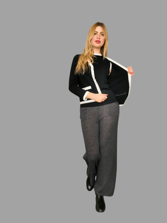 Pure Merino Wool V Neck Cardigan Black with Contrasting Detail