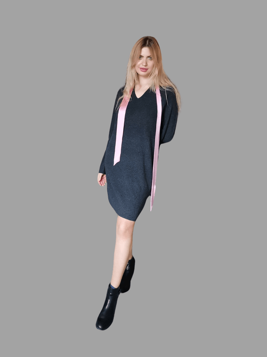 100% Merino Wool Midi Dress with sleeves in Dark Grey