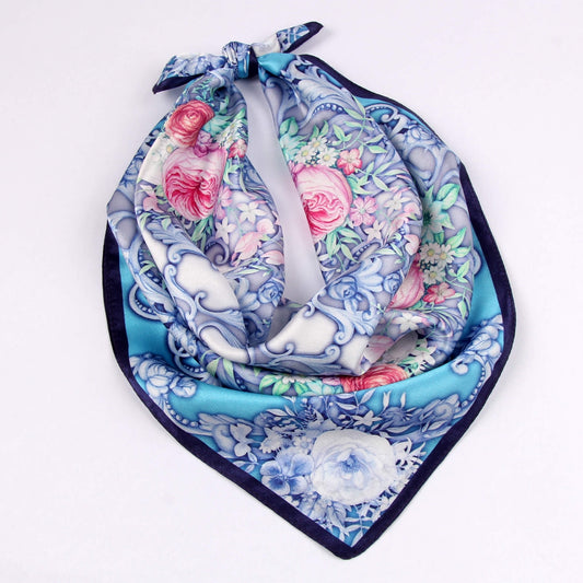 Small Square Silk Scarf|Versatile|Rose Blue Pink - Vshine Silk and Shine