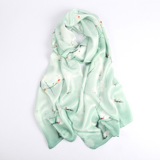Vshine Silk and Shine Fashion Accessories|Silk Scarf Collections|Blossom Range| Magnolia Design|Green|Long Silk Scarf