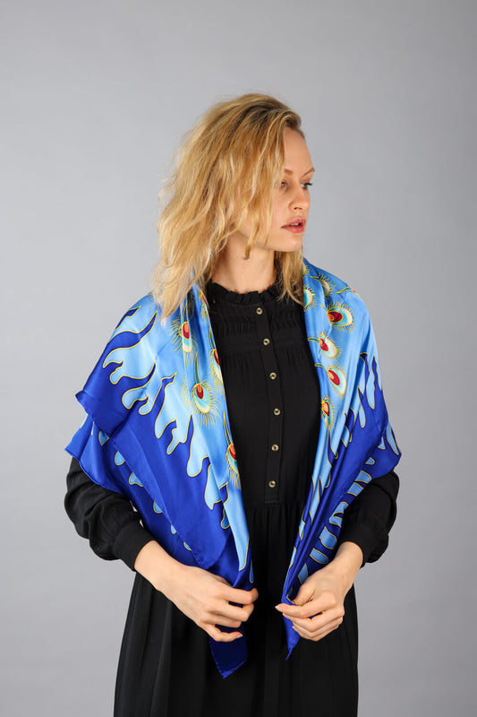Vshine Silk and Shine/Limited Edition Hand Painted Silk Scarf/ Blue - Vshine Silk and Shine