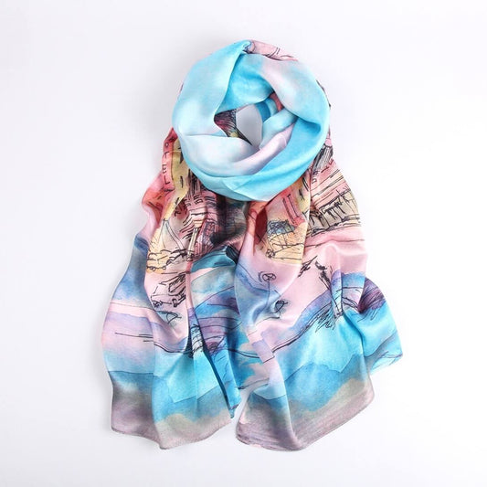 Vshine Silk and Shine Fashion Accessories|Silk Scarf Collections|Blossom Range|oil Painting Design|Blue|Long Silk Scarf