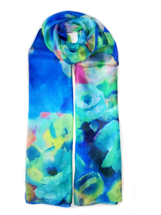 Large Silk Scarf Bloom Blue - Vshine Silk and Shine Fashion Accessories