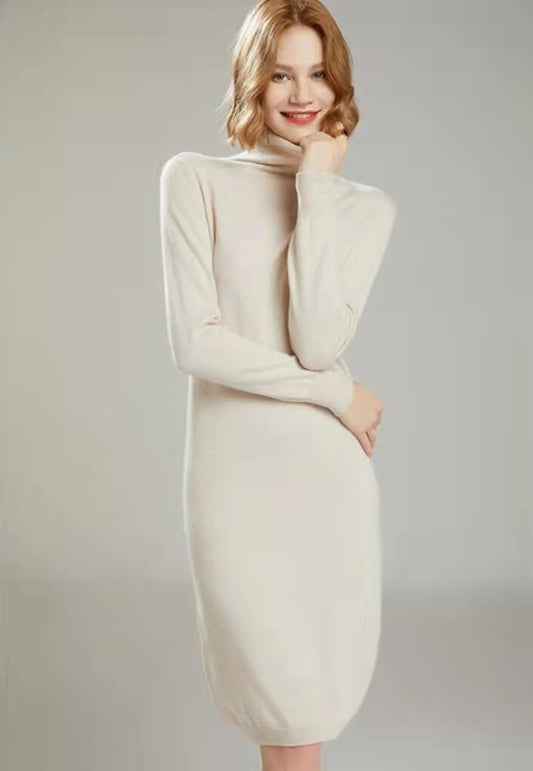 Vshine Silk and Shine Cashmere Roll Neck Midi Dress