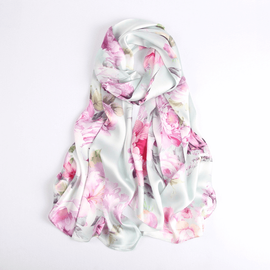 Vshine Silk and Shine Fashion Accessories|Silk Scarf Collections|Blossom Range|China Rose|Silver|Long Silk Scarf