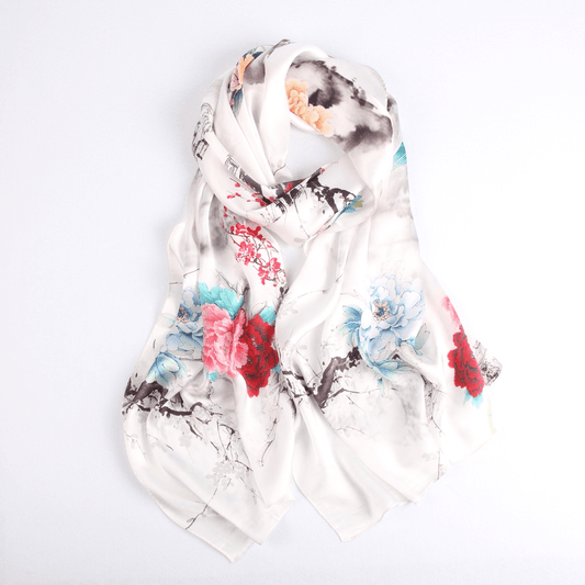 Vshine Silk and Shine Fashion Accessories|Vshine Silk and Shine Fashion Accessories|Silk Scarf Collections|Blossom Range|Floral Mix|White|Long Silk Scarf