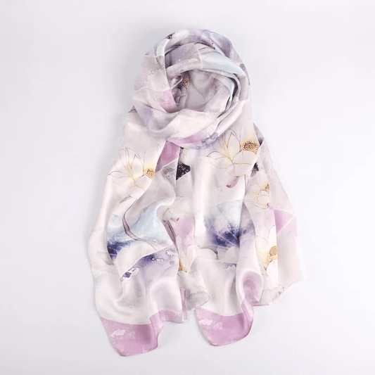 Vshine Silk and Shine Fashion Accessories|Silk Scarf Collections|Blossom Range|Lotus Design|Lilac|Long Silk Scarf