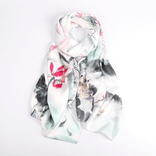 Vshine Silk and Shine Fashion Accessories|Silk Scarf Collections|Blossom Range|Lotus Design|White|Long Silk Scarf