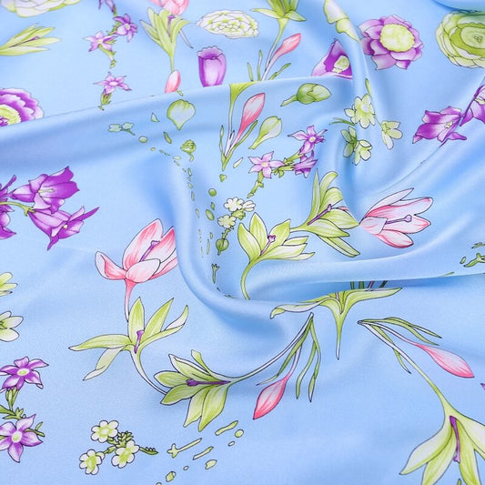 Vshine Silk and Shine Large Square Satin Silk Scarf Spring Blossom Pale Blue