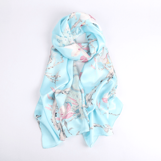 Vshine Silk and Shine Fashion Accessories|Silk Scarf Collections|Blossom Range|Magnolia Design|Blue|Long Silk Scarf