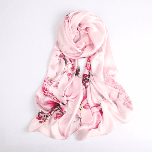 Vshine Silk and Shine Fashion Accessories|Vshine Silk and Shine Fashion Accessories|Silk Scarf Collections|Blossom Range|Magnolia Design|Pink|Long Silk Scarf