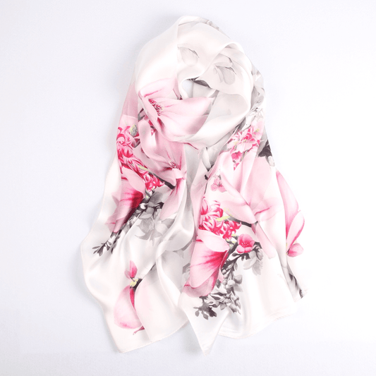 Vshine Silk and Shine Fashion Accessories|Silk Scarf Collections|Blossom Range|Magnolia Design|White|Long Silk Scarf