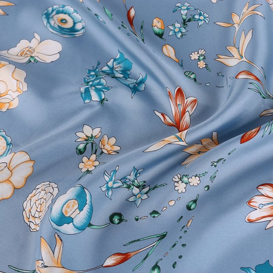 Vshine Silk and Shine Large Square Twill Silk Scarf Spring Blossom Blue