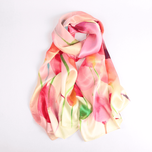 Vshine Silk and Shine Fashion Accessories|Silk Scarf Collecitons|Blossom Range|Tulip Design|Red|Long Silk Scarf