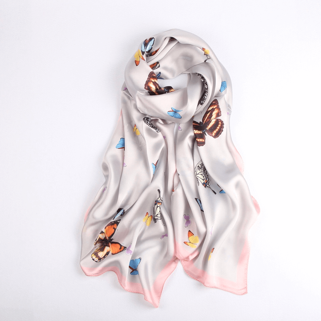 Butterfly Around the World 90 Square Scarf White and Pastel Pink Silk Twill