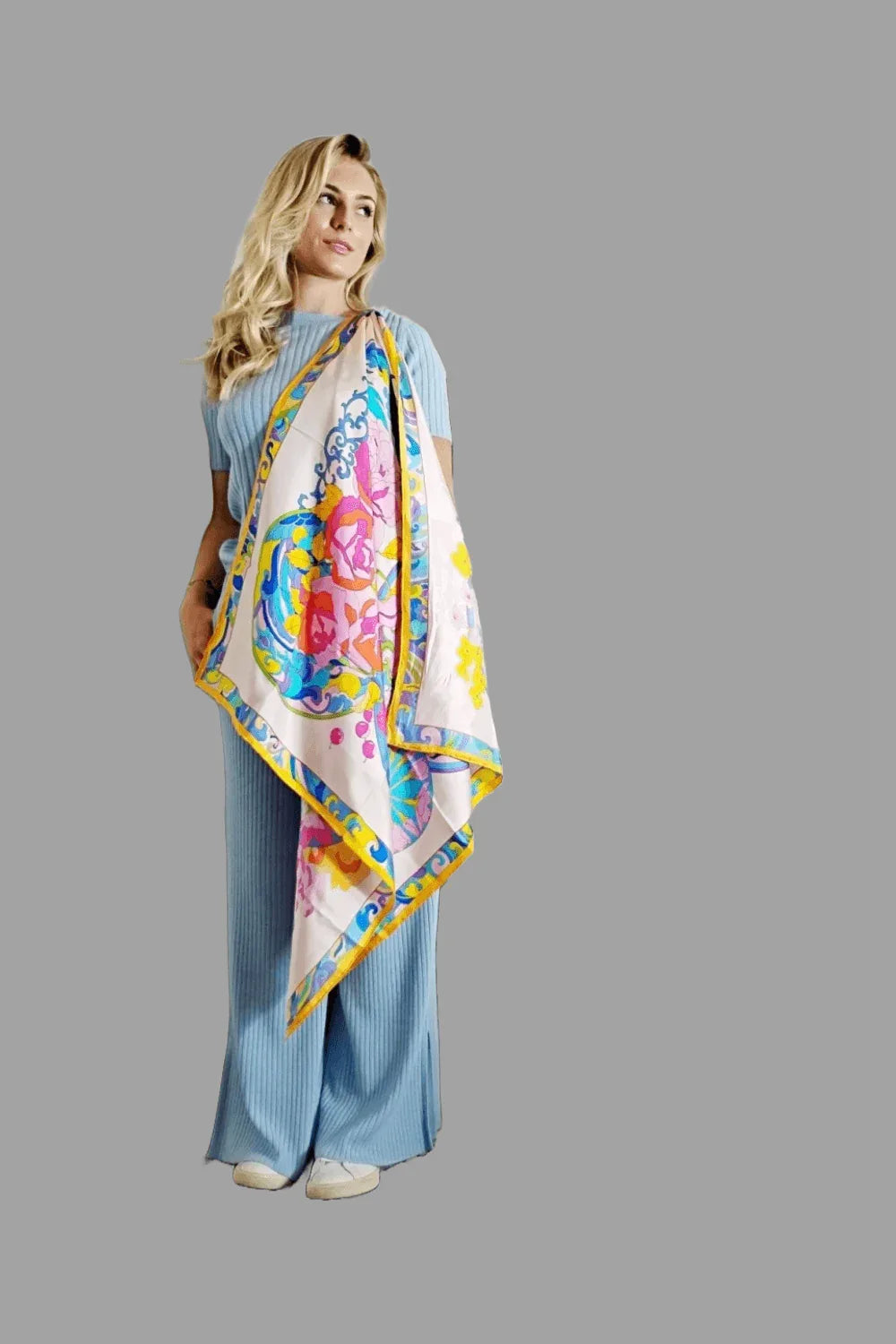 Women's Mulberry Silk Scarf Twill Silk Square 90 cm Pink with Primrose Border - Vshine Silk and Shine 