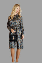 Mulberry Silk Midi Shirt Dress with floral print in Black - Vshine Silk and Shine 