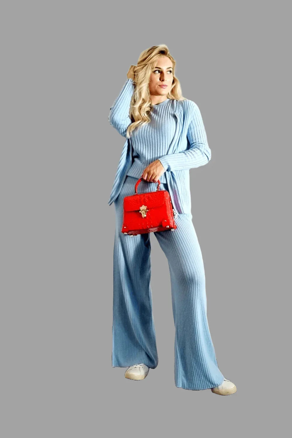 100% Cashmere Women's Ribbed Knitwear Co-ord Set, Knitted Co-ords, Baby Blue - Vshine Silk and Shine 