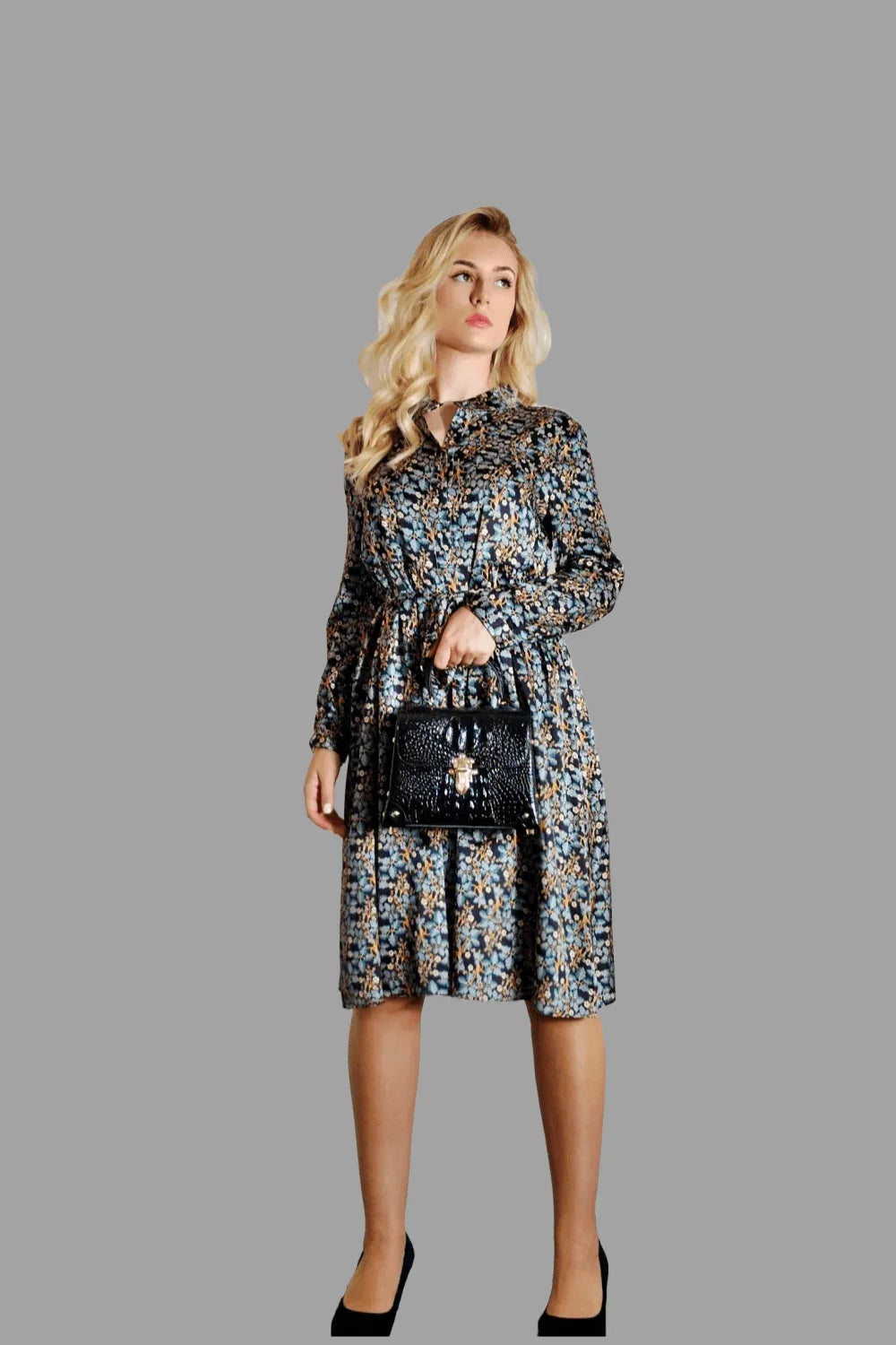 Mulberry Silk Midi Shirt Dress with floral print in Black - Vshine Silk and Shine 
