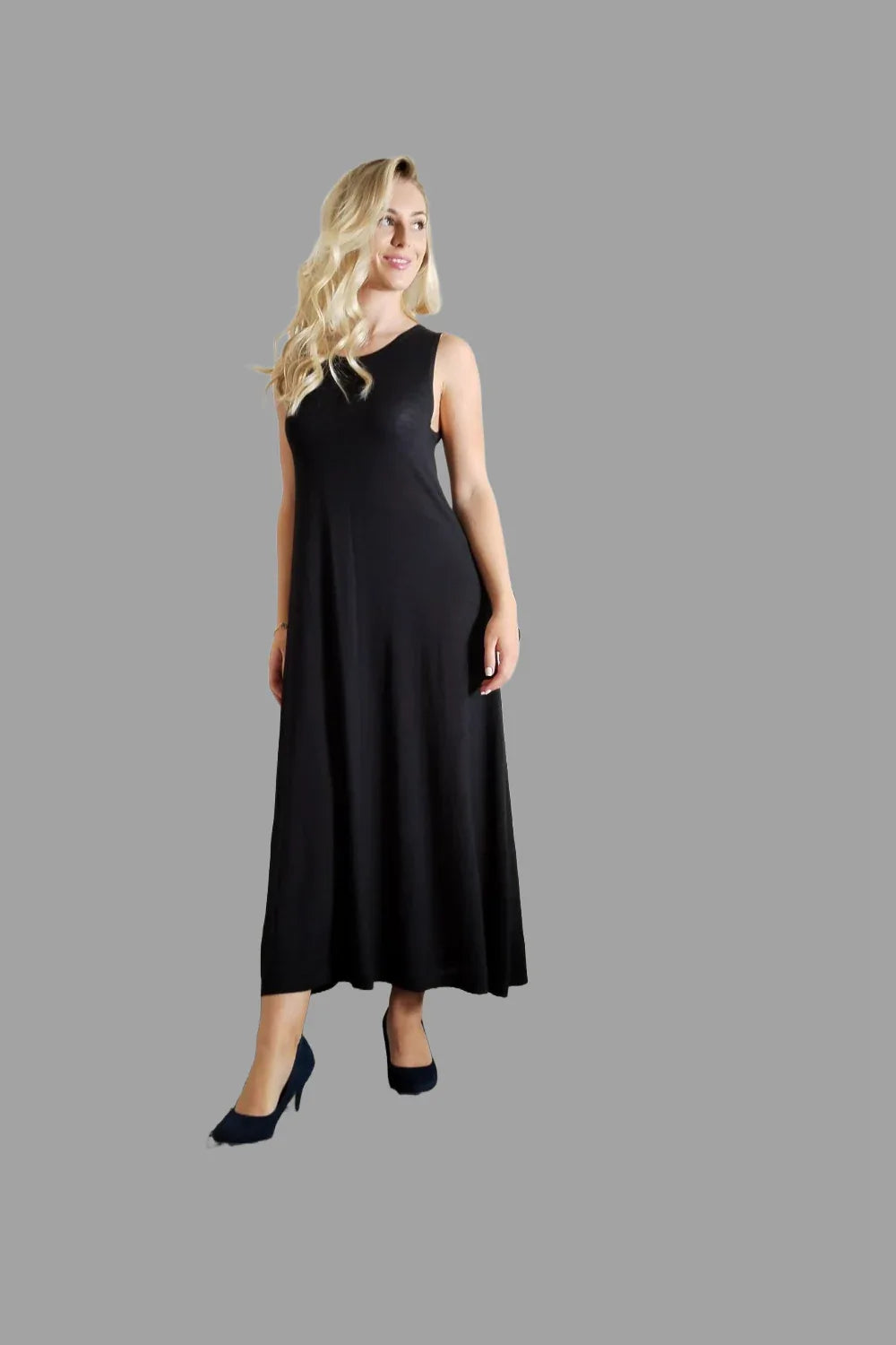Cashmere Silk Blend Maxi Dress Sleeveless Black - Vshine Silk and Shine 