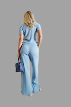 100% Cashmere Women's Ribbed Knitwear Co-ord Set, Knitted Co-ords, Baby Blue - Vshine Silk and Shine 