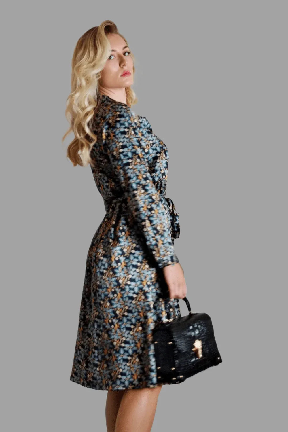 Mulberry Silk Midi Shirt Dress with floral print in Black - Vshine Silk and Shine 