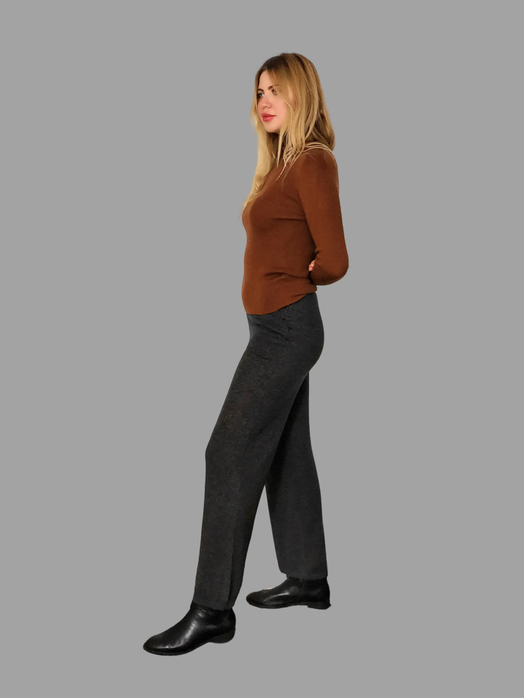 Pure Merino Wool Roll Neck Jumper Brown - Vshine Silk and Shine 