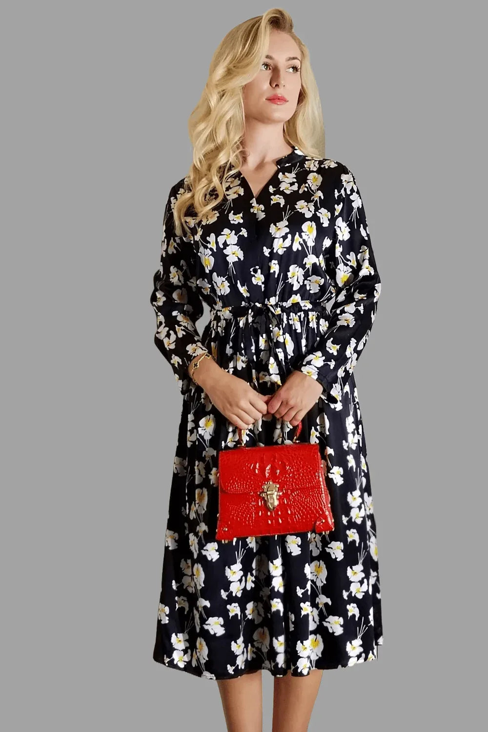 Mulberry Silk Dress in Black with Yellow Blossom - Vshine Silk and Shine 