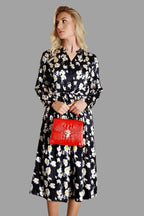 Mulberry Silk Dress in Black with Yellow Blossom - Vshine Silk and Shine 