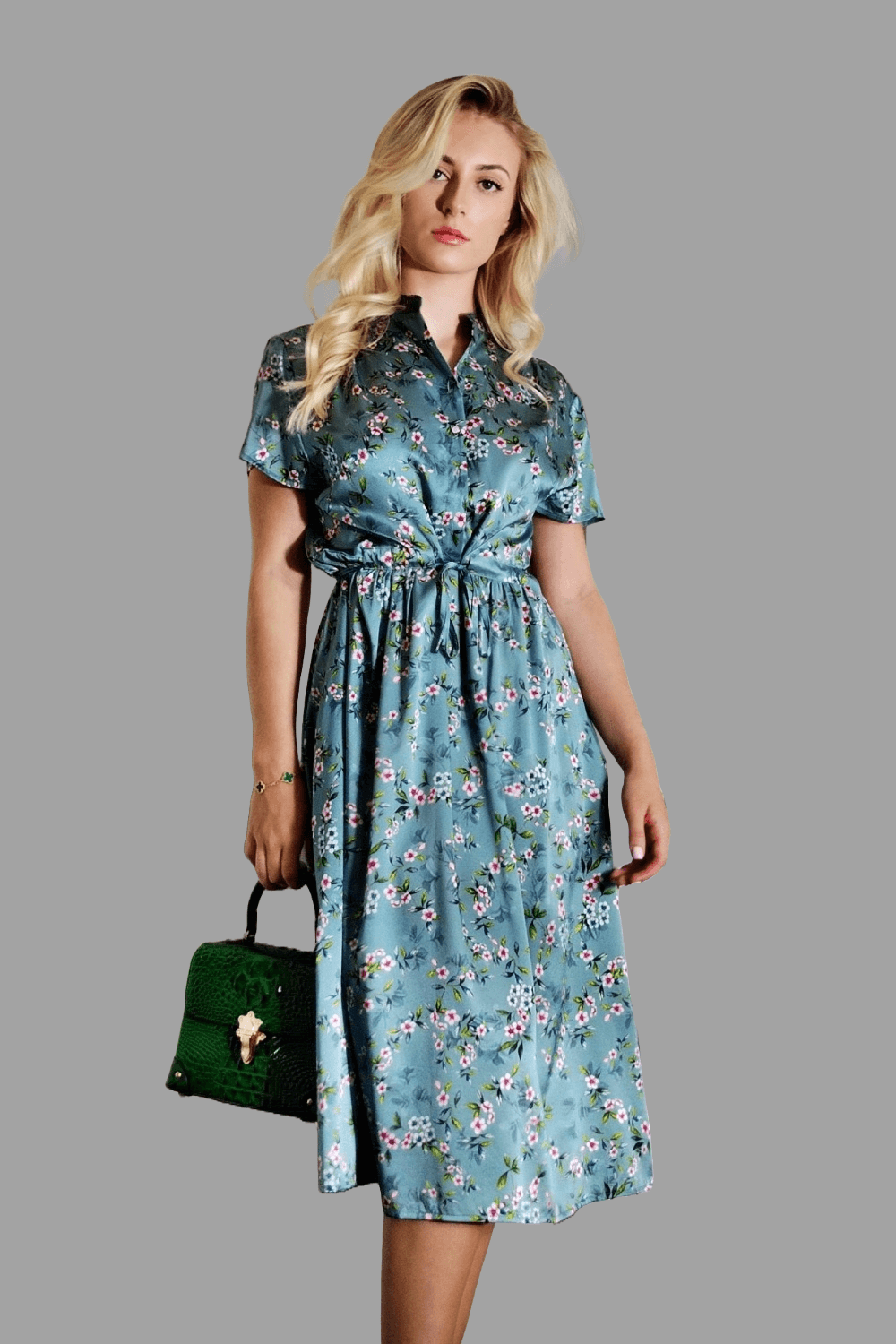Mulberry Silk Dress with Cherry Blossom Pattern in Blue