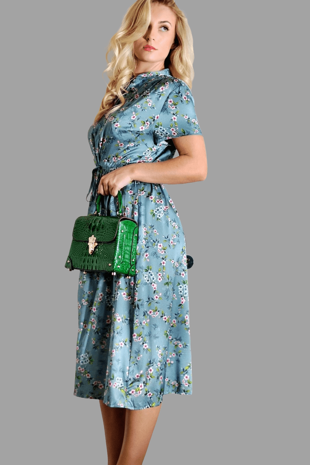 Mulberry Silk Dress with Cherry Blossom Pattern in Blue