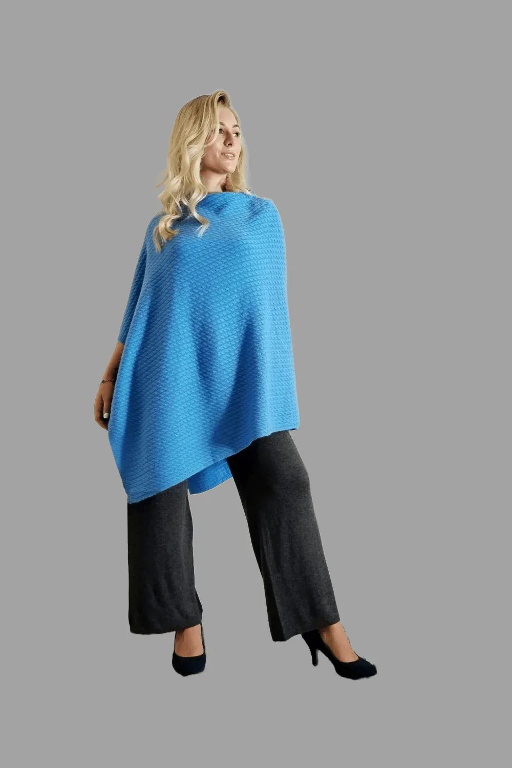 Extra Thick Pure Cashmere Poncho Cornflower Blue with Cable Knit - Vshine Silk and Shine 