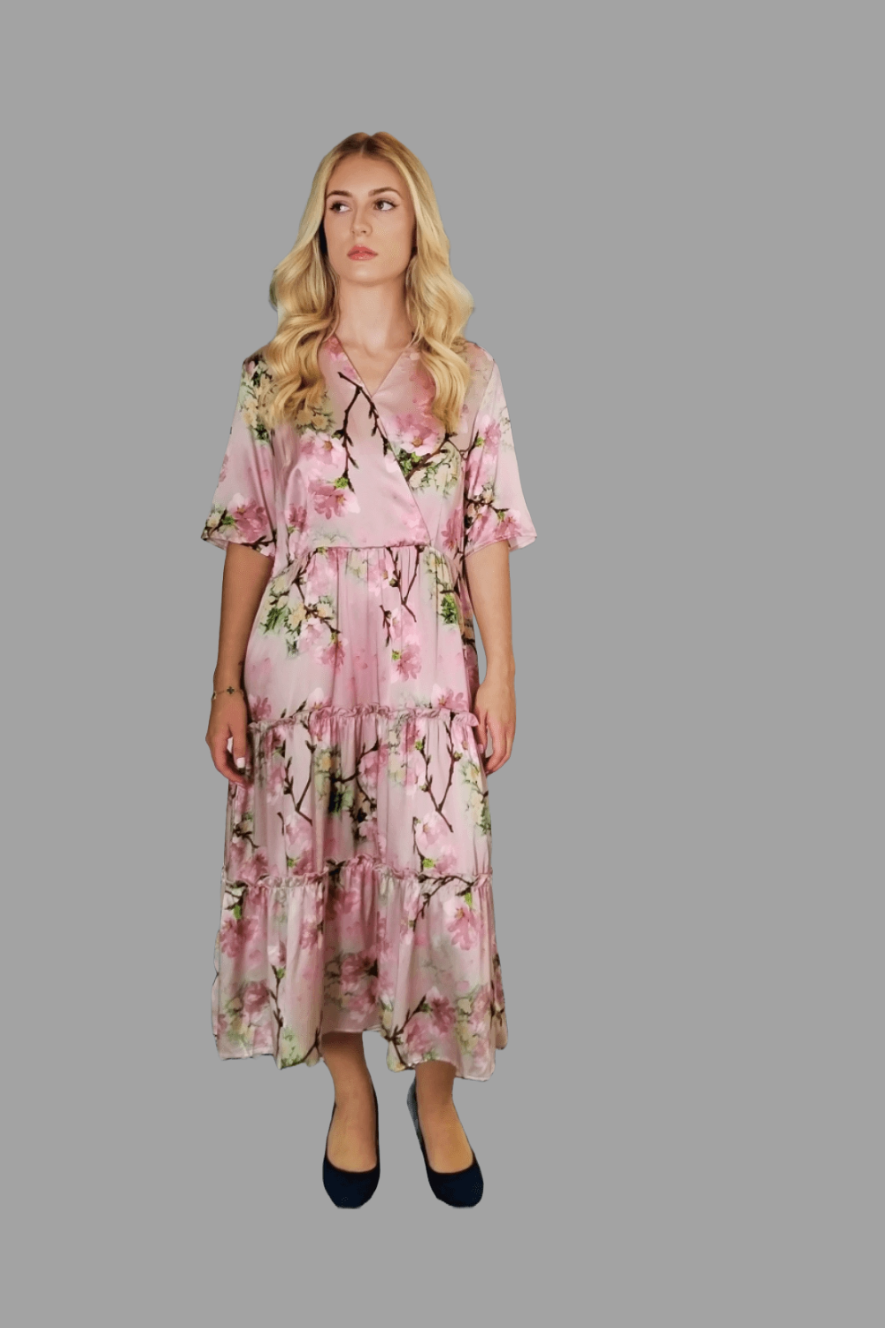Mulberry Silk Dress in V neck with Pleating Details featuring Cherry Blossom Design in Soft Pink