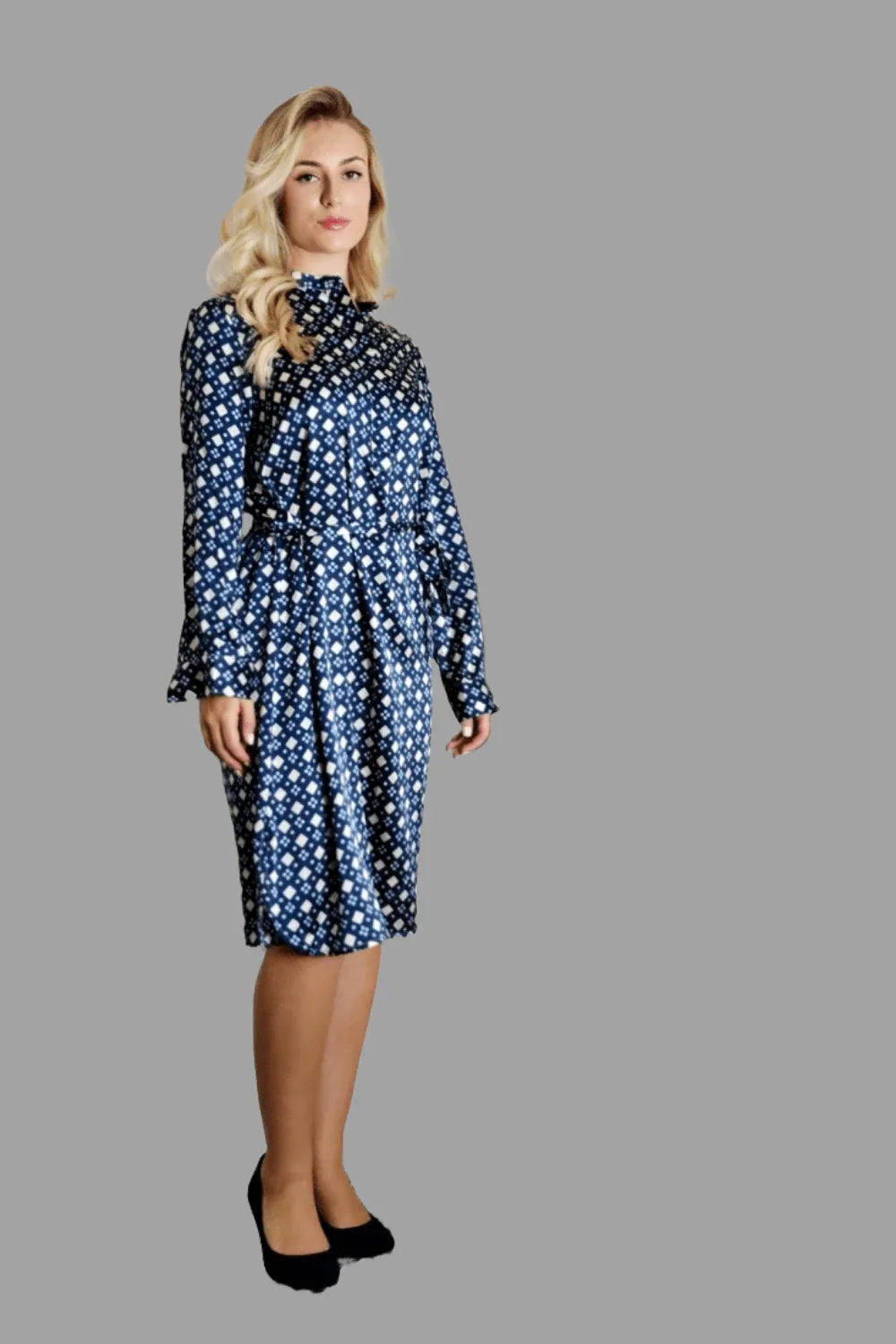Mulberry Silk Midi Dress in Navy Blue with Diamond Pattern - Vshine Silk and Shine 