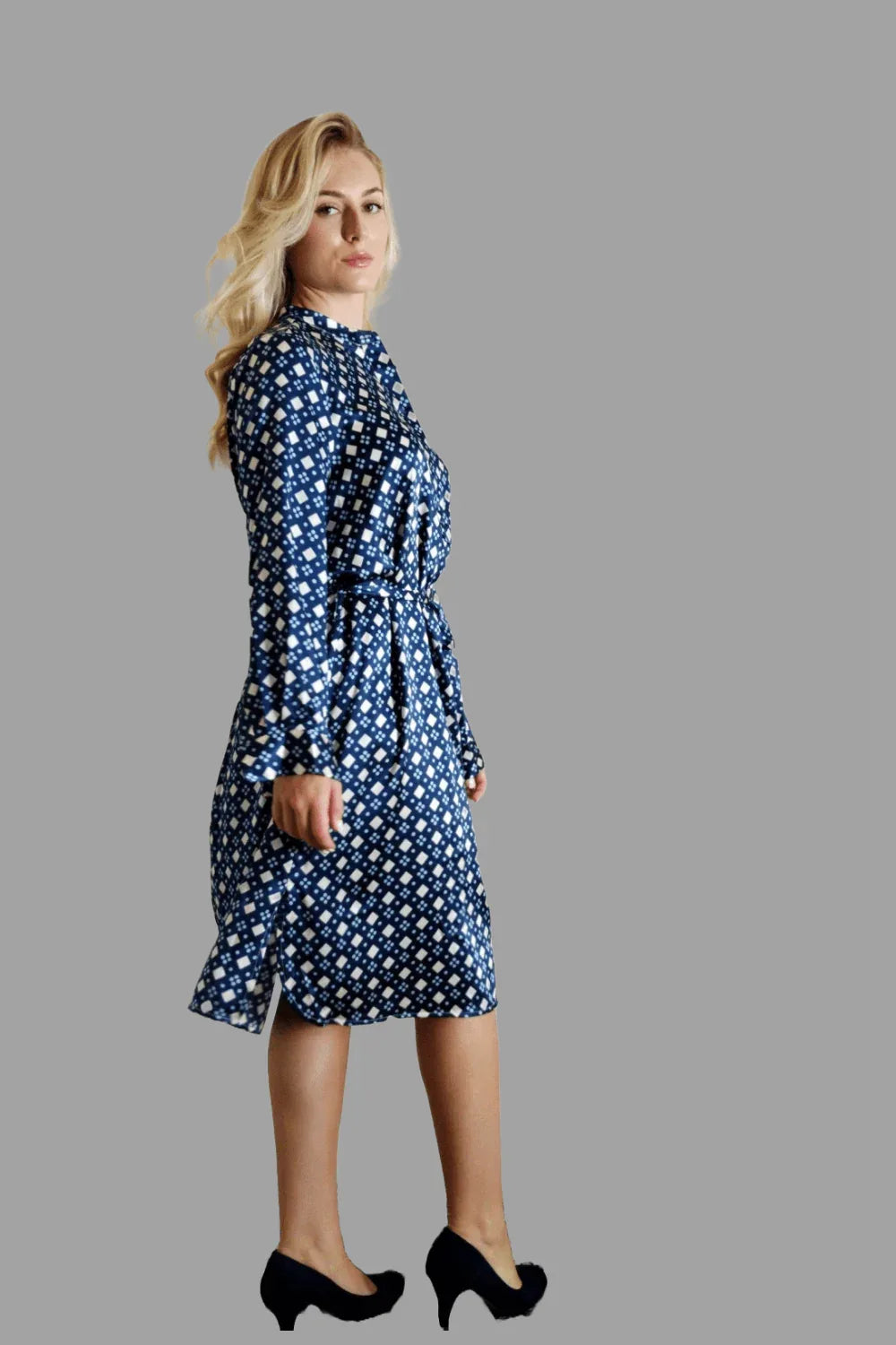 Mulberry Silk Midi Dress in Navy Blue with Diamond Pattern - Vshine Silk and Shine 