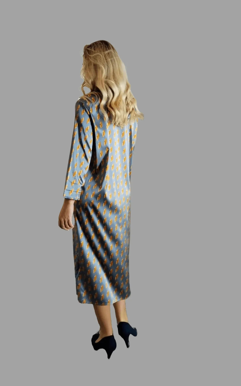 Mulberry Silk Dress in Lustre Grey with Golden Diamond print one size - Vshine Silk and Shine 