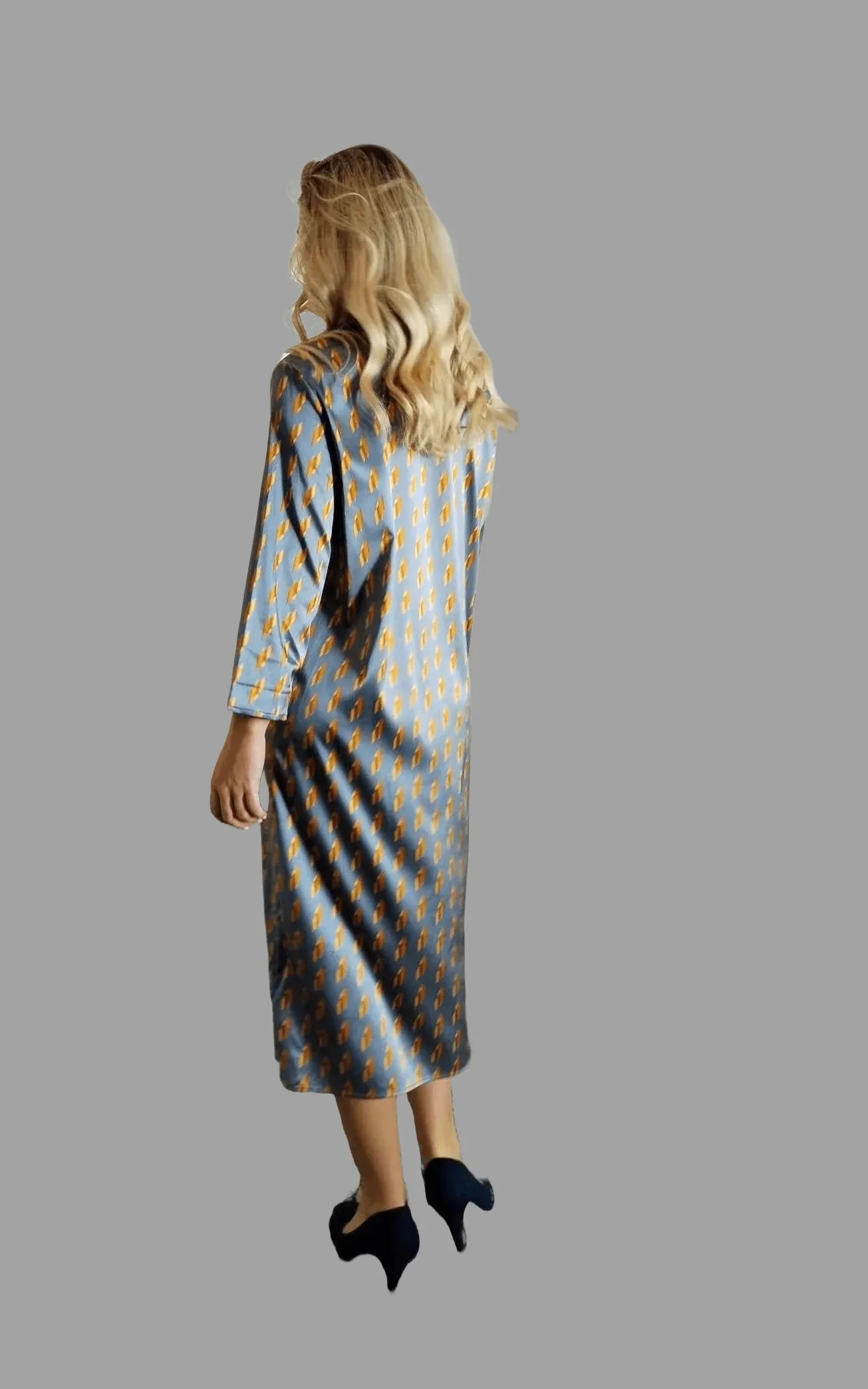 Mulberry Silk Dress in Lustre Grey with Golden Diamond print one size - Vshine Silk and Shine 