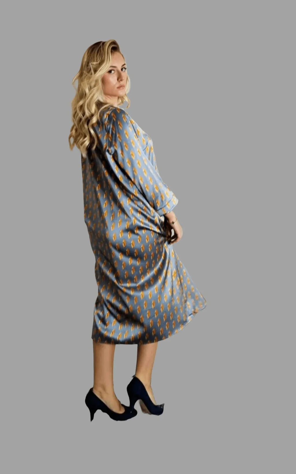 Mulberry Silk Dress in Lustre Grey with Golden Diamond print one size - Vshine Silk and Shine 