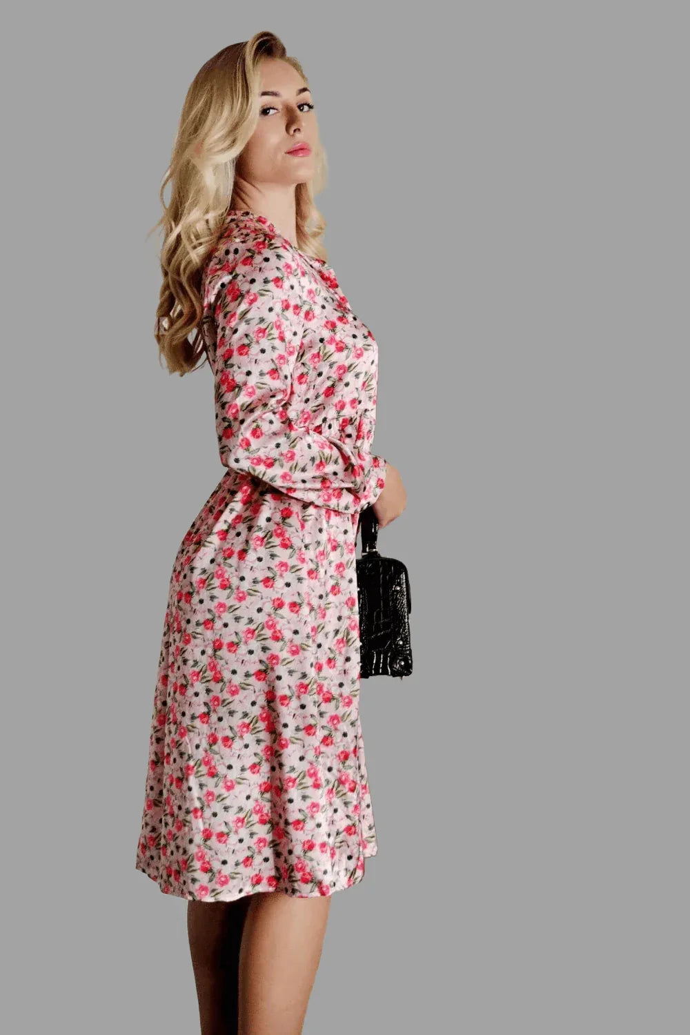 Mulberry Silk Midi Dress with long Sleeves and floral print in Soft Pink - Vshine Silk and Shine 