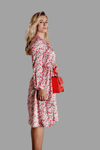 Mulberry Silk Midi Dress with long Sleeves and floral print in Soft Pink - Vshine Silk and Shine 