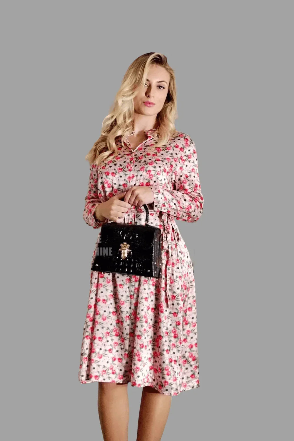 Mulberry Silk Midi Dress with long Sleeves and floral print in Soft Pink - Vshine Silk and Shine 