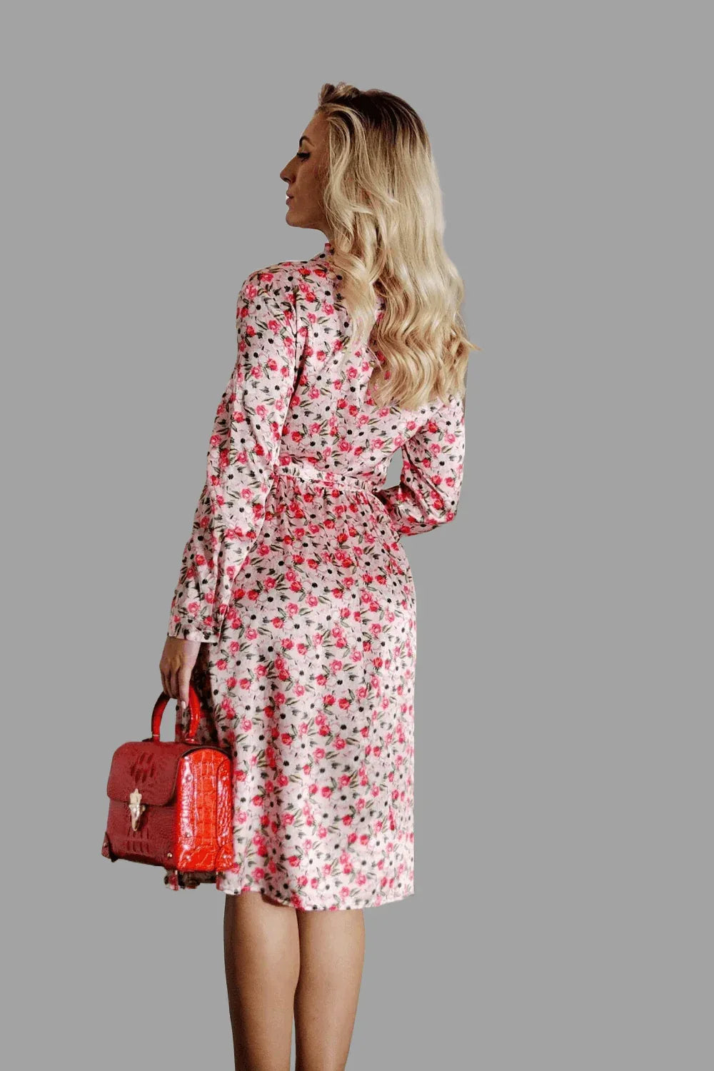 Mulberry Silk Midi Dress with long Sleeves and floral print in Soft Pink - Vshine Silk and Shine 