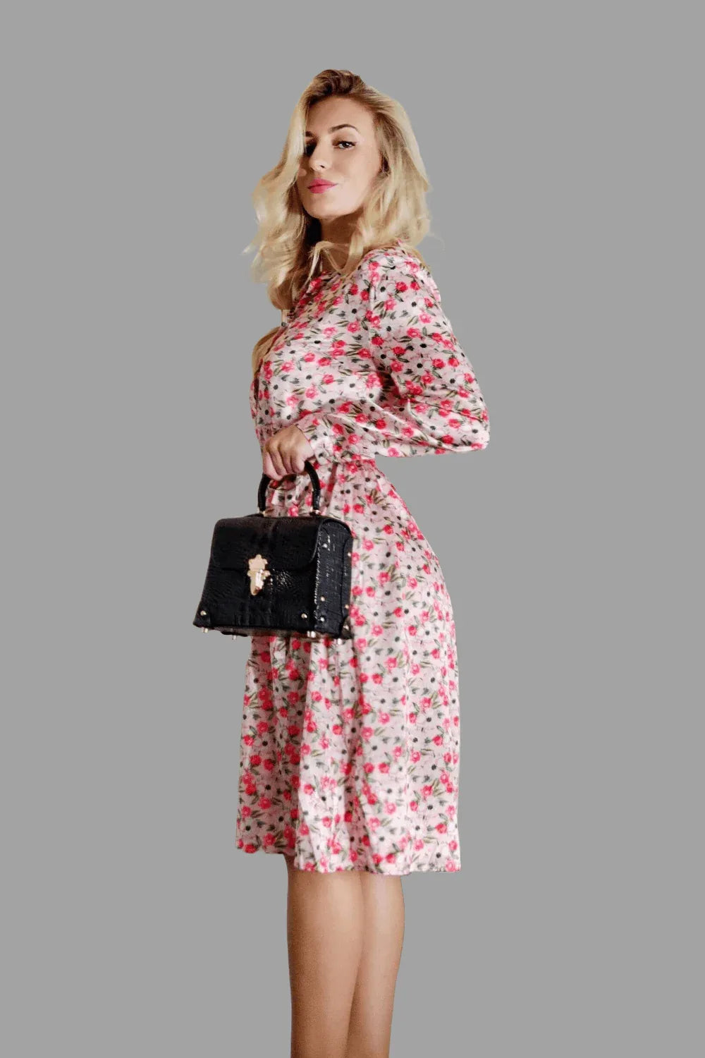 Mulberry Silk Midi Dress with long Sleeves and floral print in Soft Pink - Vshine Silk and Shine 