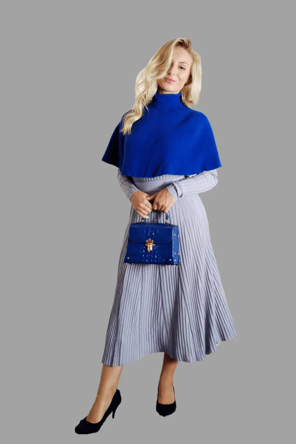 100% Cashmere Poncho in Royal Blue - Vshine Silk and Shine 