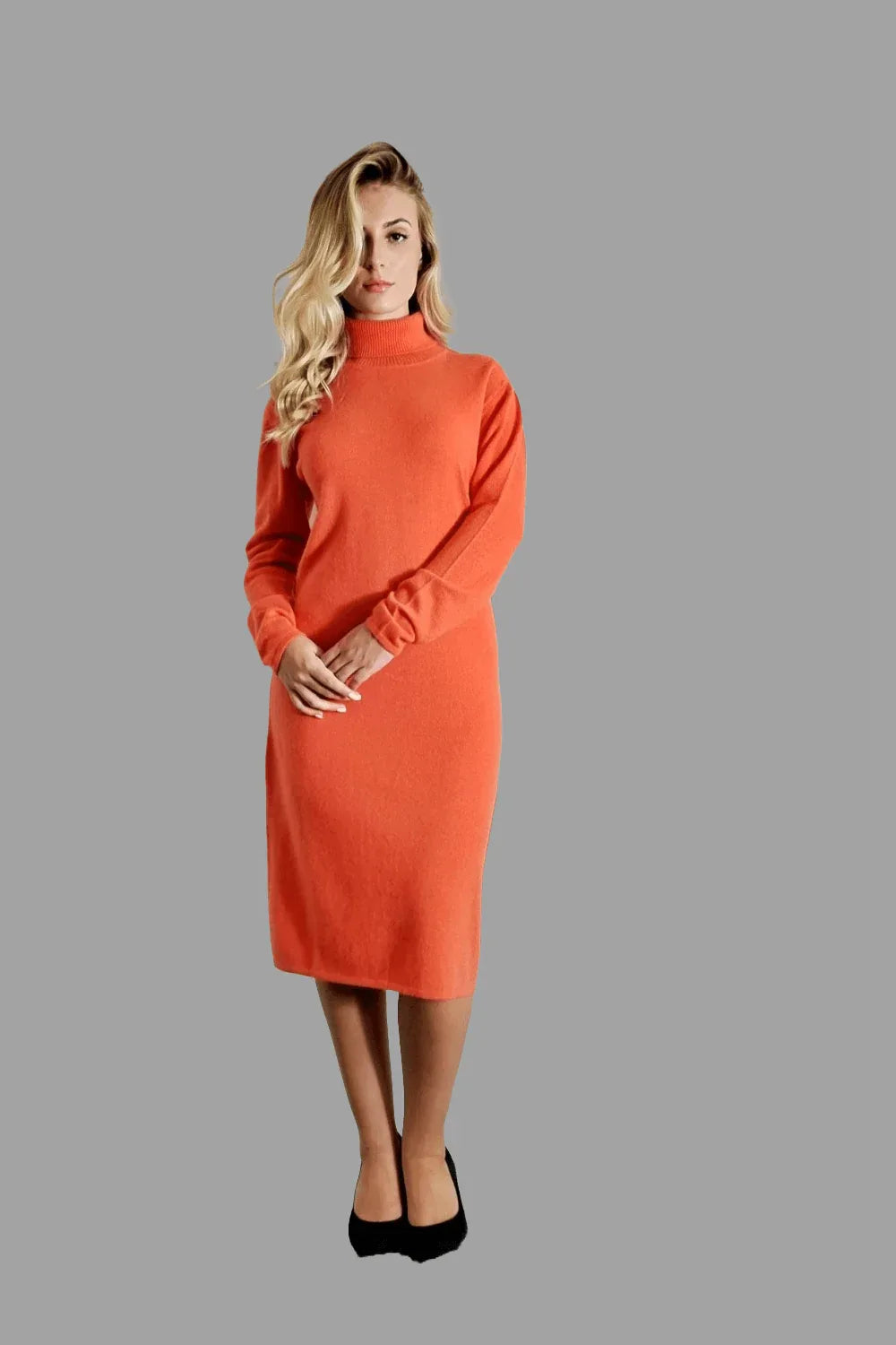 100% Cashmere Women's Knitwear Pure Cashmere Dress Hot Orange - Vshine Silk and Shine 